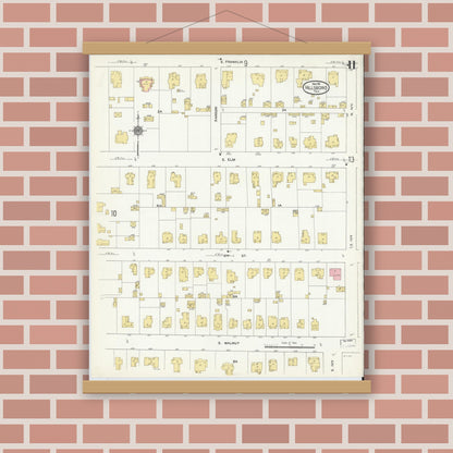 Old map wall art mockup — magnetic wood frame on brick wall — Sanborn Fire Insurance Map from Hillsboro, Hill County, Texas (1911), Sheet #0011