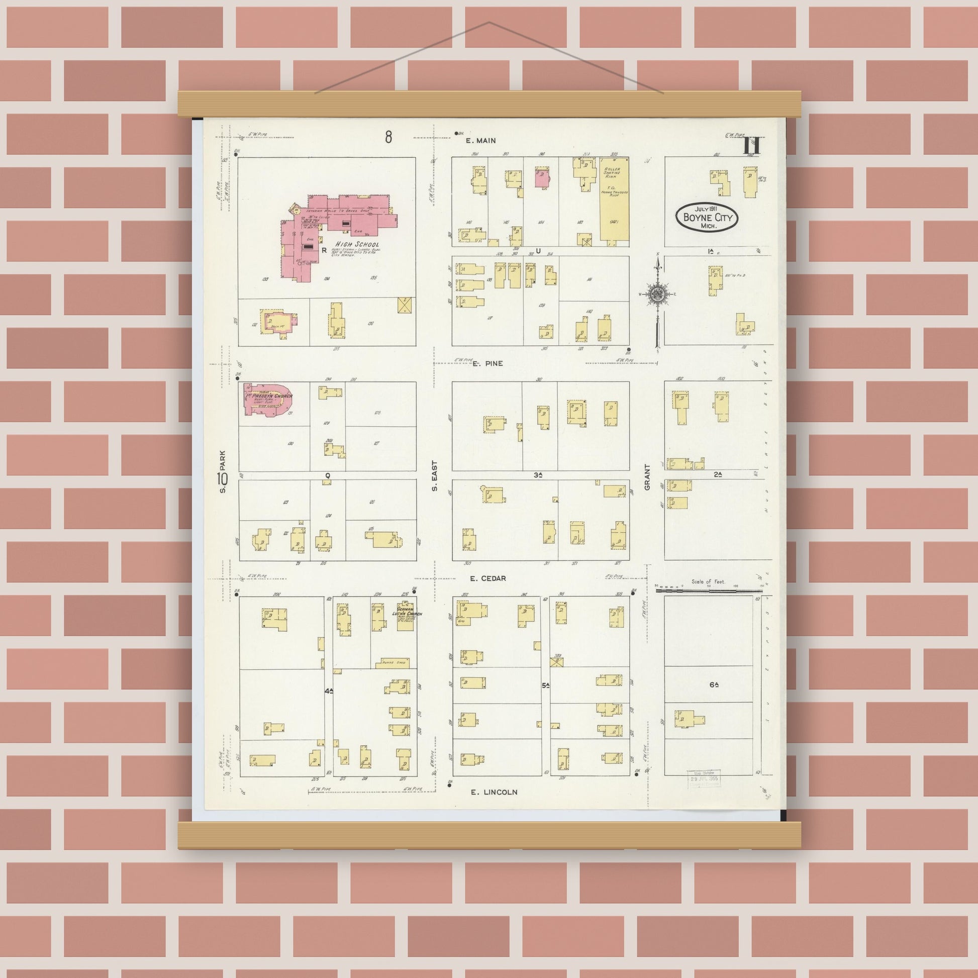 Old map wall art mockup — magnetic wood frame on brick wall — Sanborn Fire Insurance Map from Boyne City, Charlevoix County, Michigan (1911), Sheet #0011