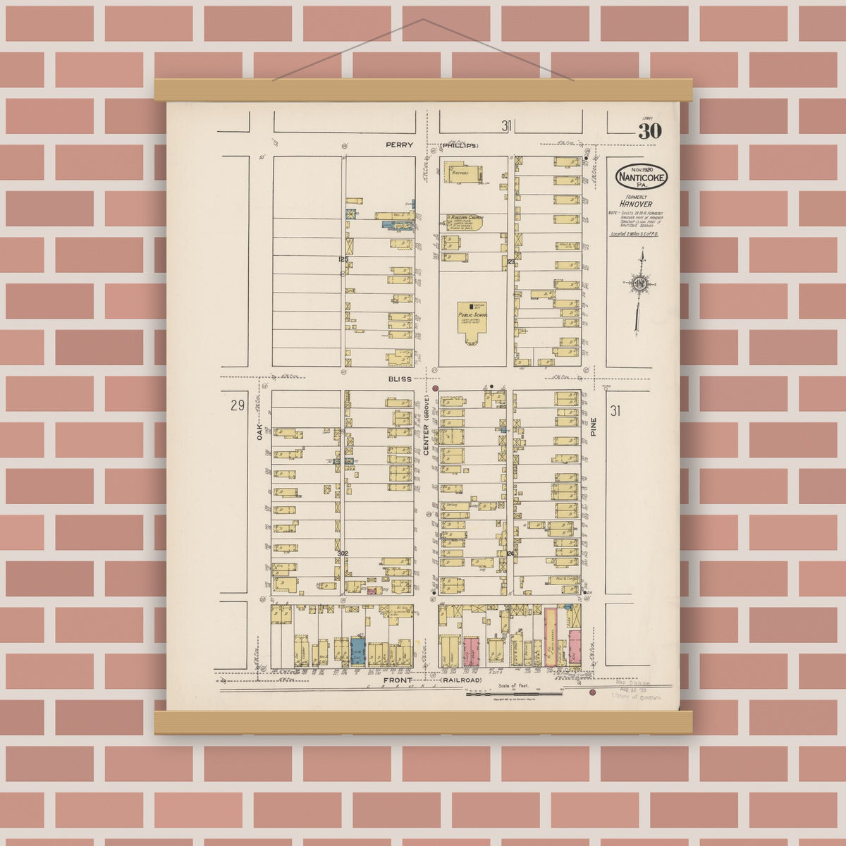 Old map wall art mockup — magnetic wood frame on brick wall — Sanborn Fire Insurance Map from Nanticoke, Luzerne County, Pennsylvania (1920), Sheet #0030