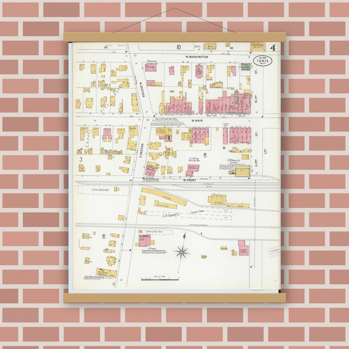 Old map wall art mockup — magnetic wood frame on brick wall — Sanborn Fire Insurance Map from Ionia, Ionia County, Michigan (1900), Sheet #0004