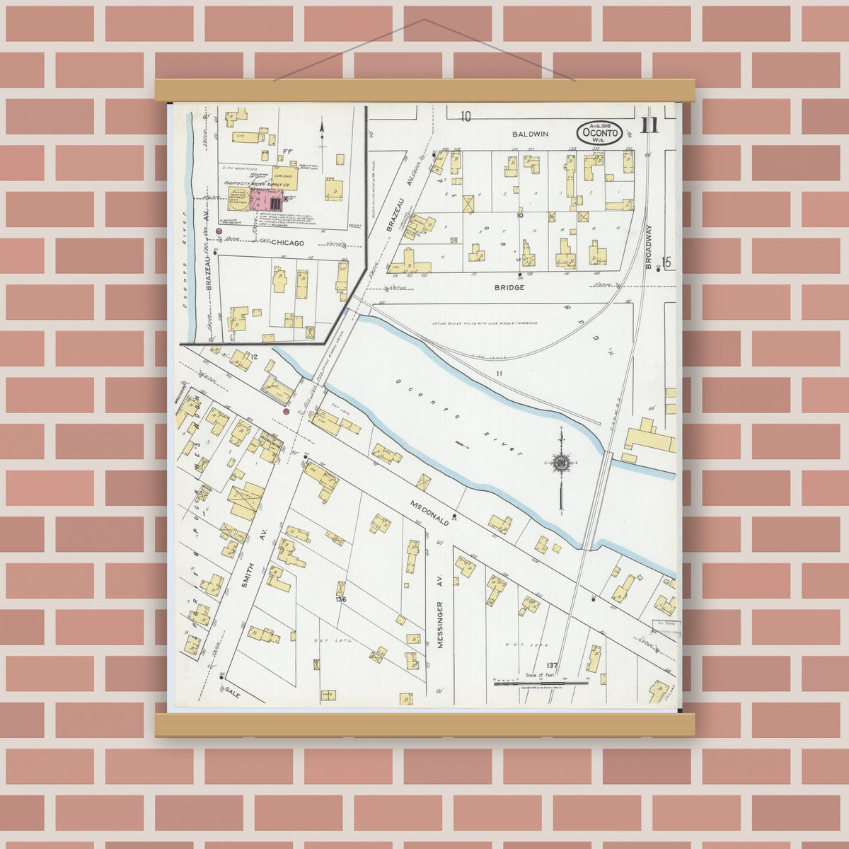 Old map wall art mockup — magnetic wood frame on brick wall — Sanborn Fire Insurance Map from Oconto, Oconto County, Wisconsin (1919), Sheet #0011
