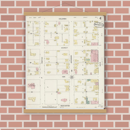 Old map wall art mockup — magnetic wood frame on brick wall — Sanborn Fire Insurance Map from Rochester, Fulton County, Indiana (1890), Sheet #0004