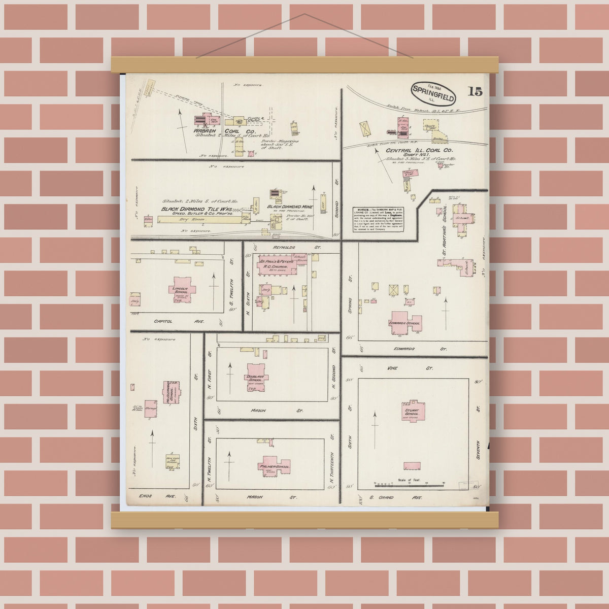 Old map wall art mockup — magnetic wood frame on brick wall — Sanborn Fire Insurance Map from Springfield, Sangamon County, Illinois (1884), Sheet #0015