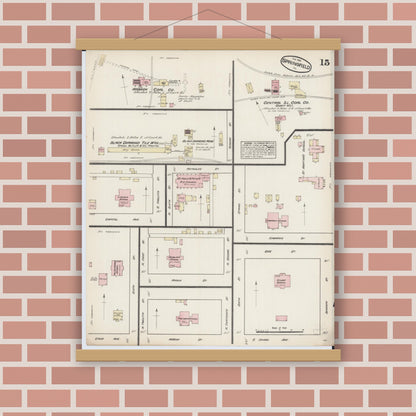 Old map wall art mockup — magnetic wood frame on brick wall — Sanborn Fire Insurance Map from Springfield, Sangamon County, Illinois (1884), Sheet #0015