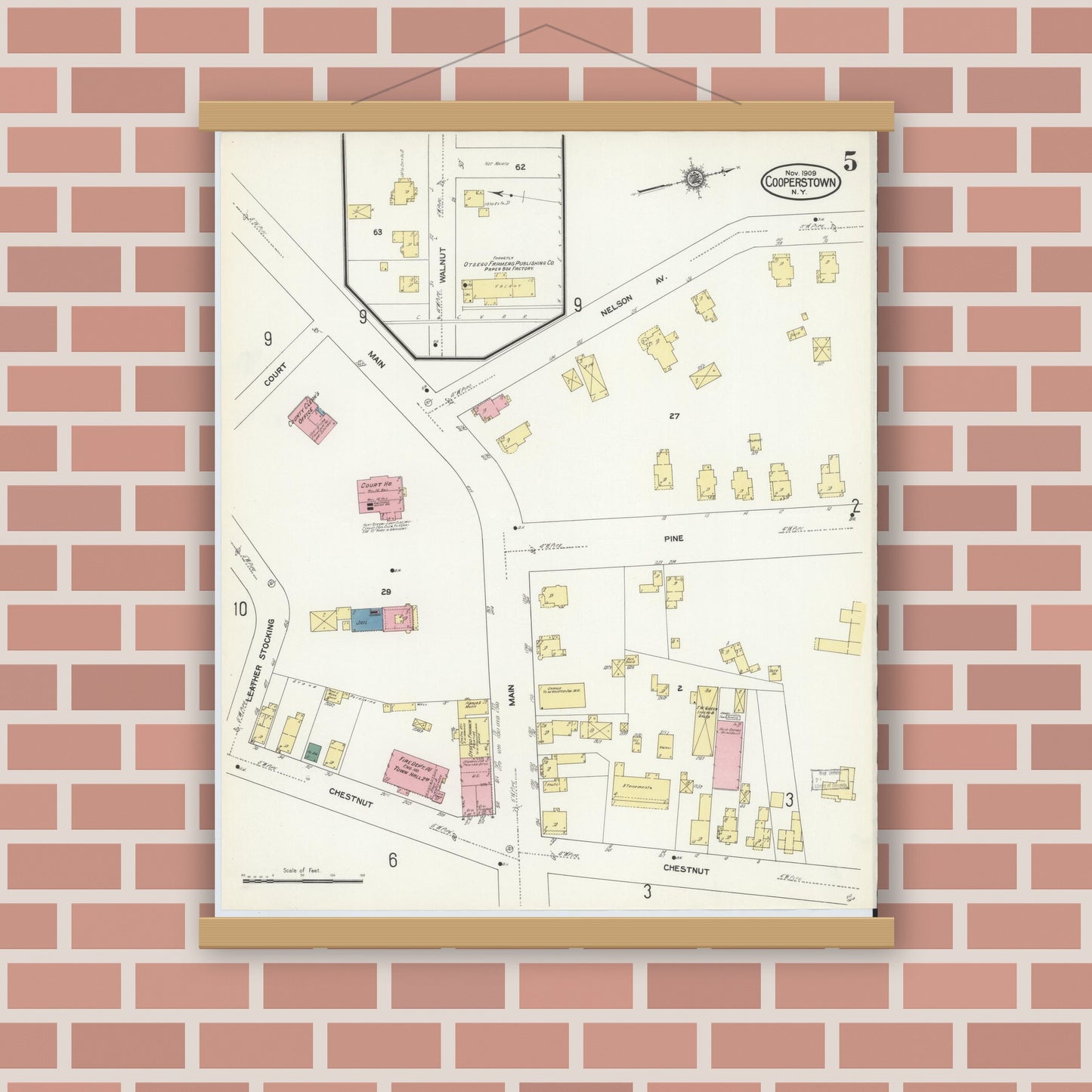 Old map wall art mockup — magnetic wood frame on brick wall — Sanborn Fire Insurance Map from Cooperstown, Otsego County, New York (1909), Sheet #0005