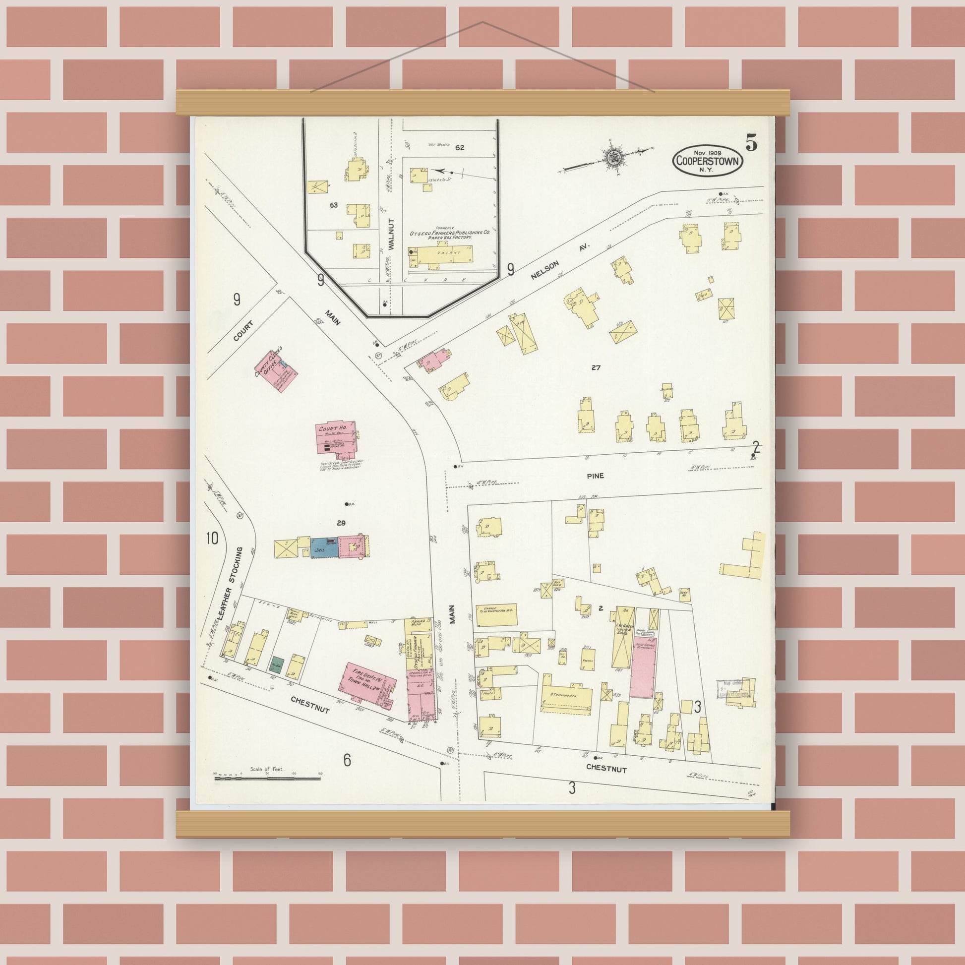 Old map wall art mockup — magnetic wood frame on brick wall — Sanborn Fire Insurance Map from Cooperstown, Otsego County, New York (1909), Sheet #0005