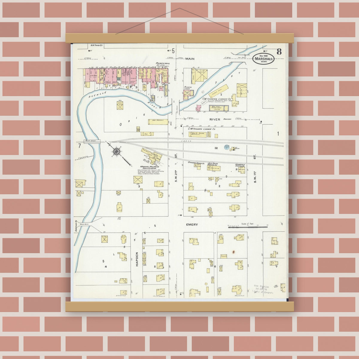 Old map wall art mockup — magnetic wood frame on brick wall — Sanborn Fire Insurance Map from Marshall, Lyon County, Minnesota (1909), Sheet #0008