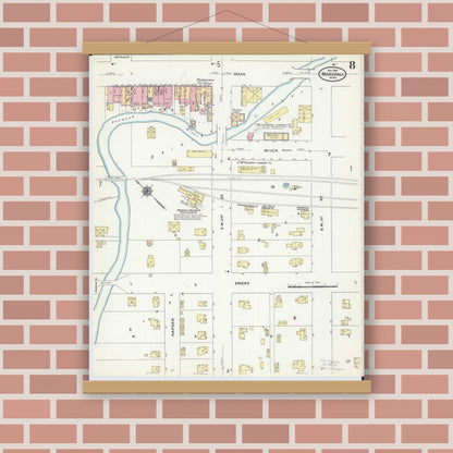 Old map wall art mockup — magnetic wood frame on brick wall — Sanborn Fire Insurance Map from Marshall, Lyon County, Minnesota (1909), Sheet #0008
