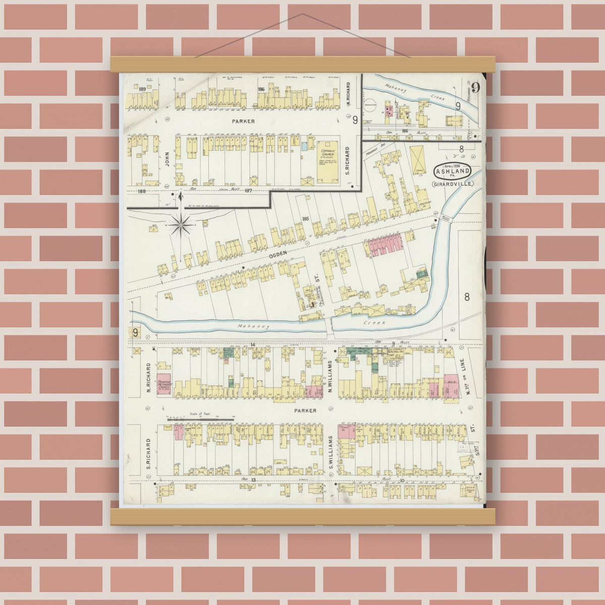 Old map wall art mockup — magnetic wood frame on brick wall — Sanborn Fire Insurance Map from Ashland, Schuylkill County, Pennsylvania (1896), Sheet #0009