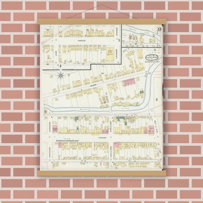 Old map wall art mockup — magnetic wood frame on brick wall — Sanborn Fire Insurance Map from Ashland, Schuylkill County, Pennsylvania (1896), Sheet #0009