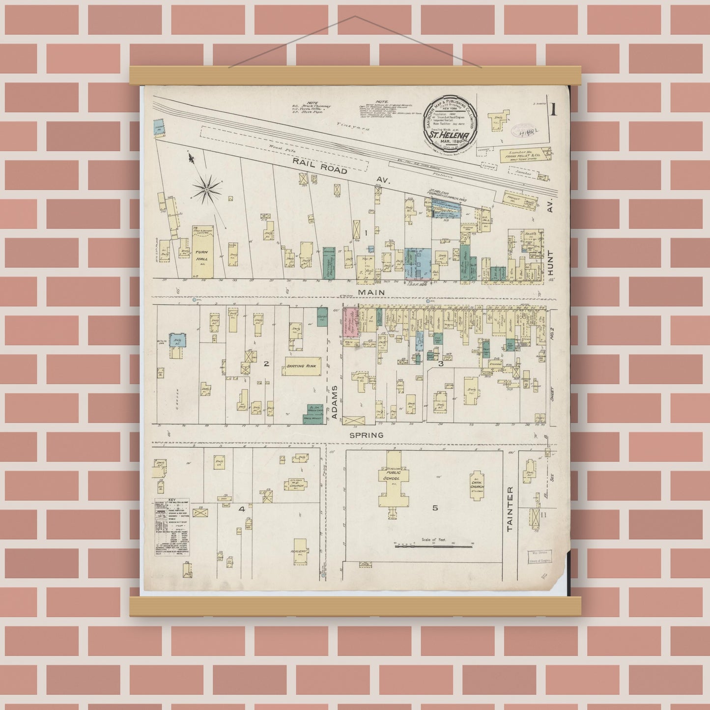 Old map wall art mockup — magnetic wood frame on brick wall — Sanborn Fire Insurance Map from Saint Helena, Napa County, California (1886) - Complete Map Set
