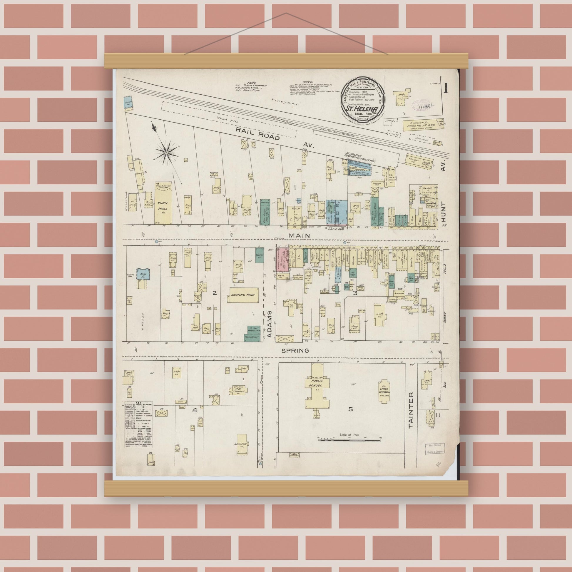 Old map wall art mockup — magnetic wood frame on brick wall — Sanborn Fire Insurance Map from Saint Helena, Napa County, California (1886) - Complete Map Set