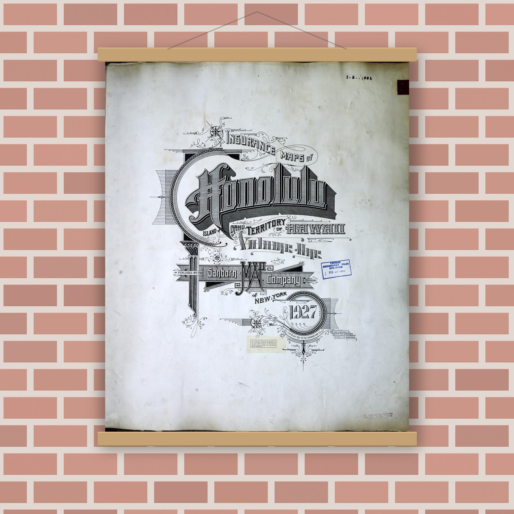 Old map wall art mockup — magnetic wood frame on brick wall — Sanborn Fire Insurance Map from Honolulu, Oahu County, Hawaii (1950), Sheet #0001