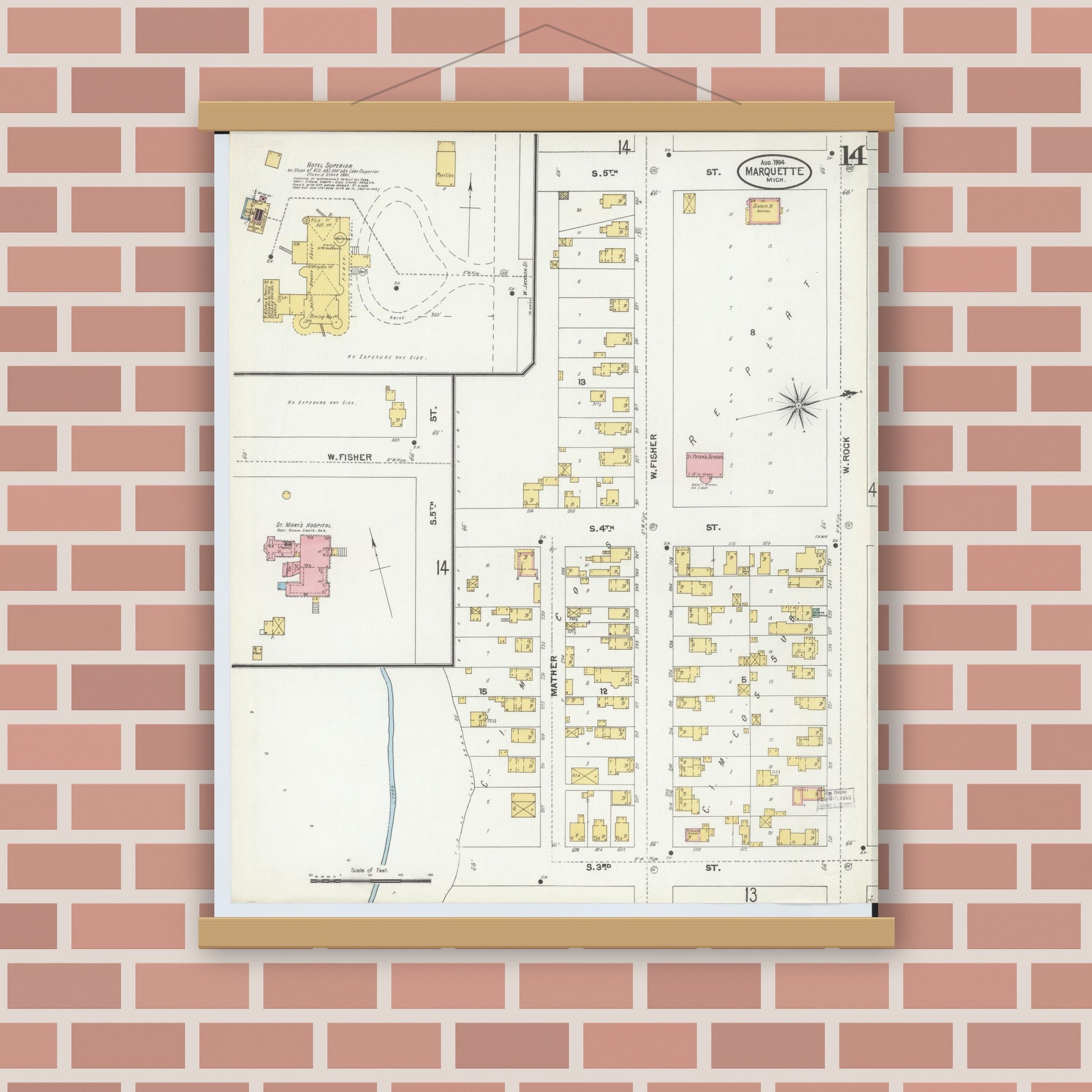 Old map wall art mockup — magnetic wood frame on brick wall — Sanborn Fire Insurance Map from Marquette, Marquette County, Michigan (1904), Sheet #0014