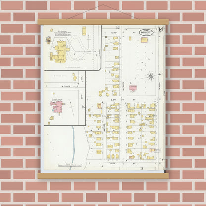 Old map wall art mockup — magnetic wood frame on brick wall — Sanborn Fire Insurance Map from Marquette, Marquette County, Michigan (1904), Sheet #0014
