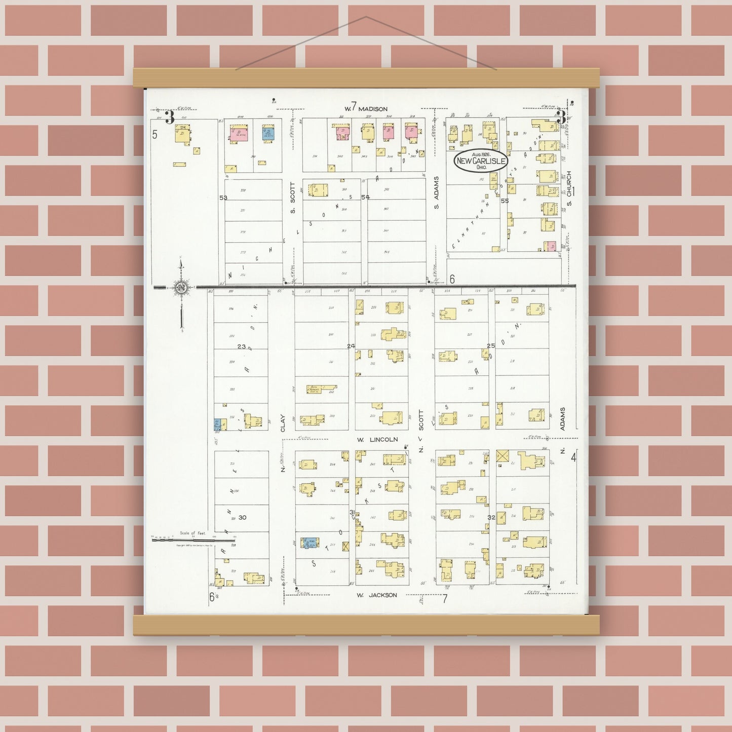 Old map wall art mockup — magnetic wood frame on brick wall — Sanborn Fire Insurance Map from New Carlisle, Clarke County, Ohio (1926), Sheet #0003