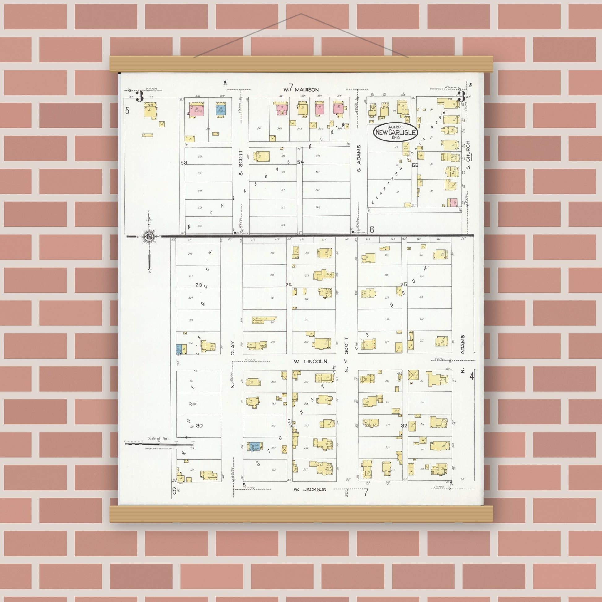 Old map wall art mockup — magnetic wood frame on brick wall — Sanborn Fire Insurance Map from New Carlisle, Clarke County, Ohio (1926), Sheet #0003