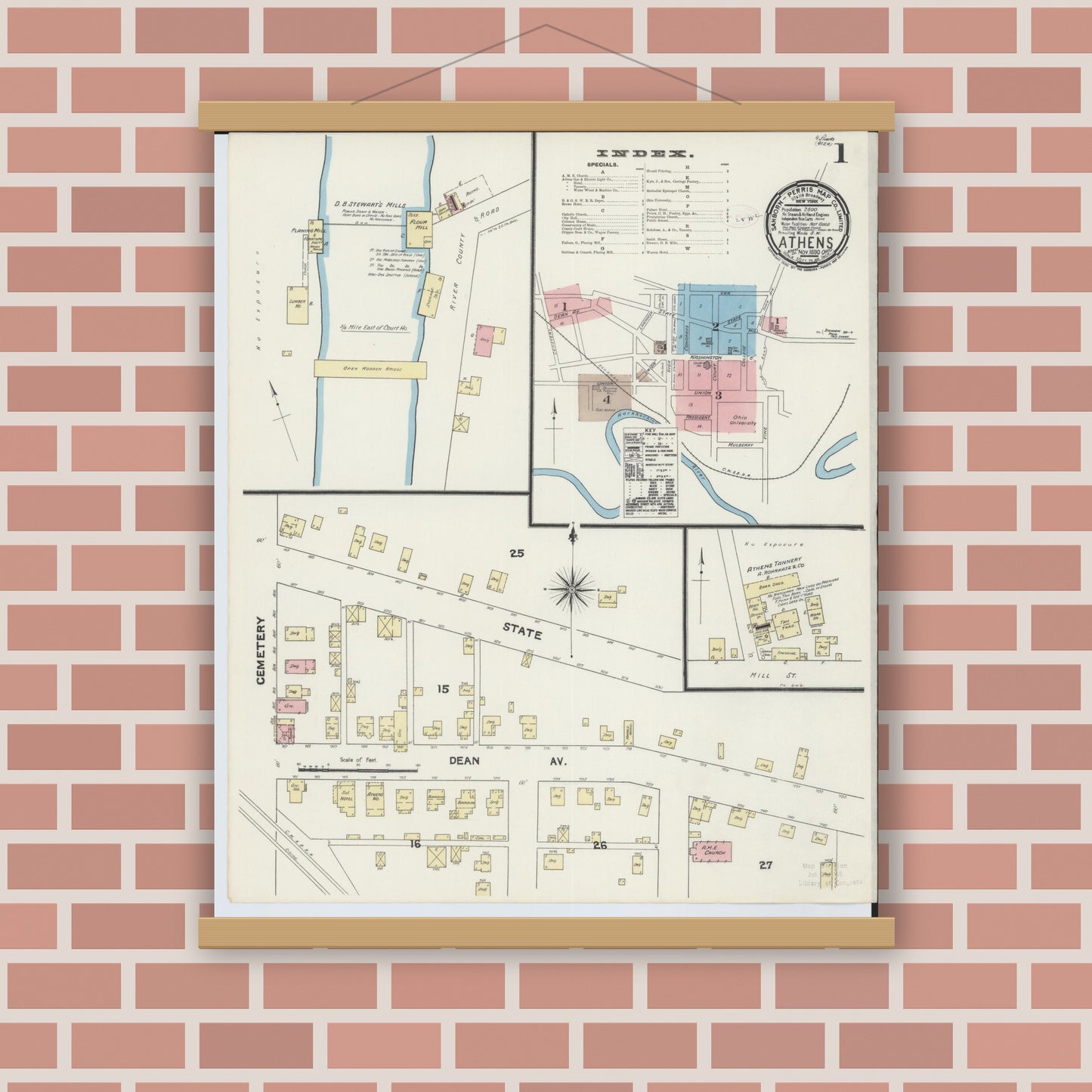 Old map wall art mockup — magnetic wood frame on brick wall — Sanborn Fire Insurance Map from Athens, Athens County, Ohio (1890) - Complete Map Set