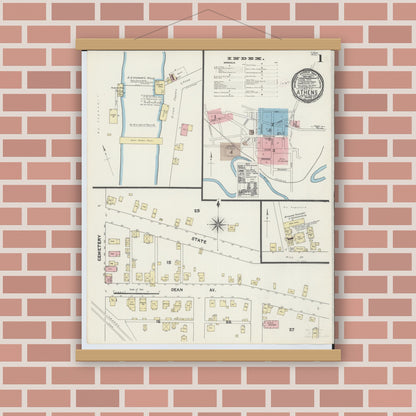 Old map wall art mockup — magnetic wood frame on brick wall — Sanborn Fire Insurance Map from Athens, Athens County, Ohio (1890) - Complete Map Set