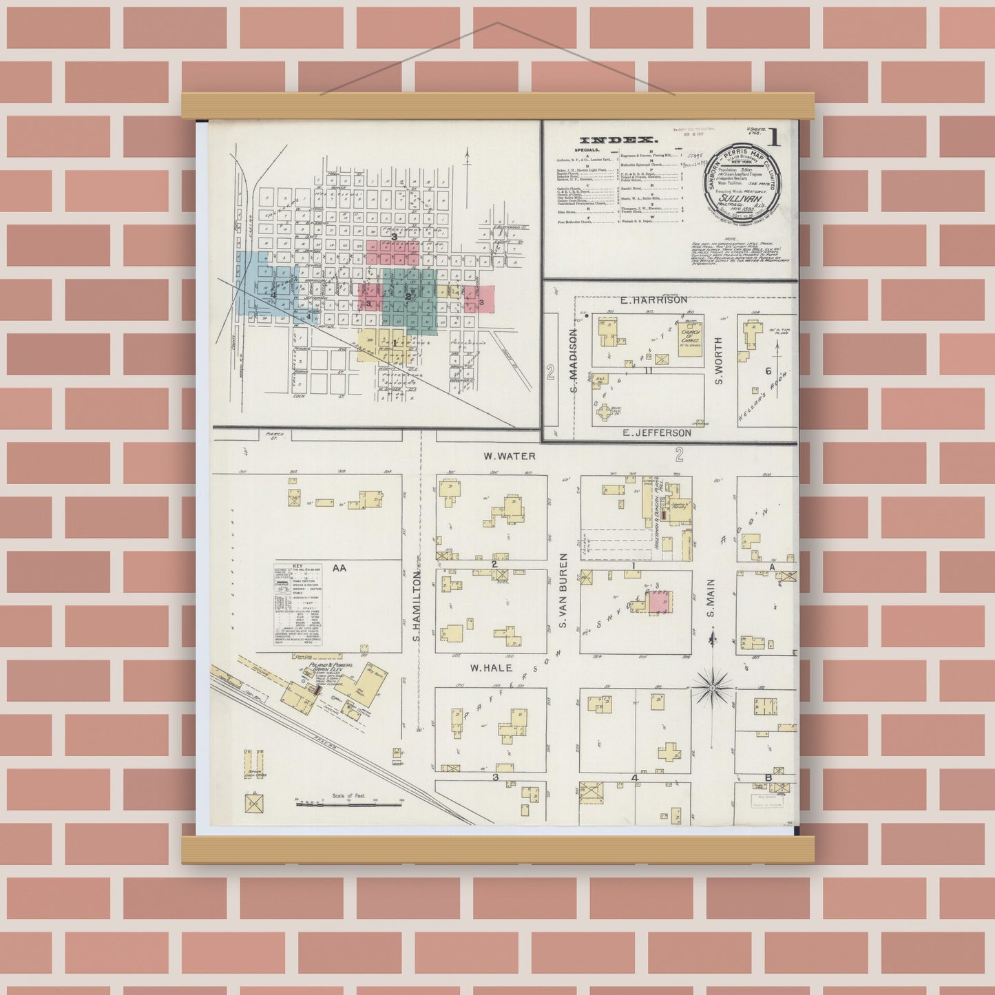 Old map wall art mockup — magnetic wood frame on brick wall — Sanborn Fire Insurance Map from Sullivan, Moultrie County, Illinois (1893), Sheet #0001