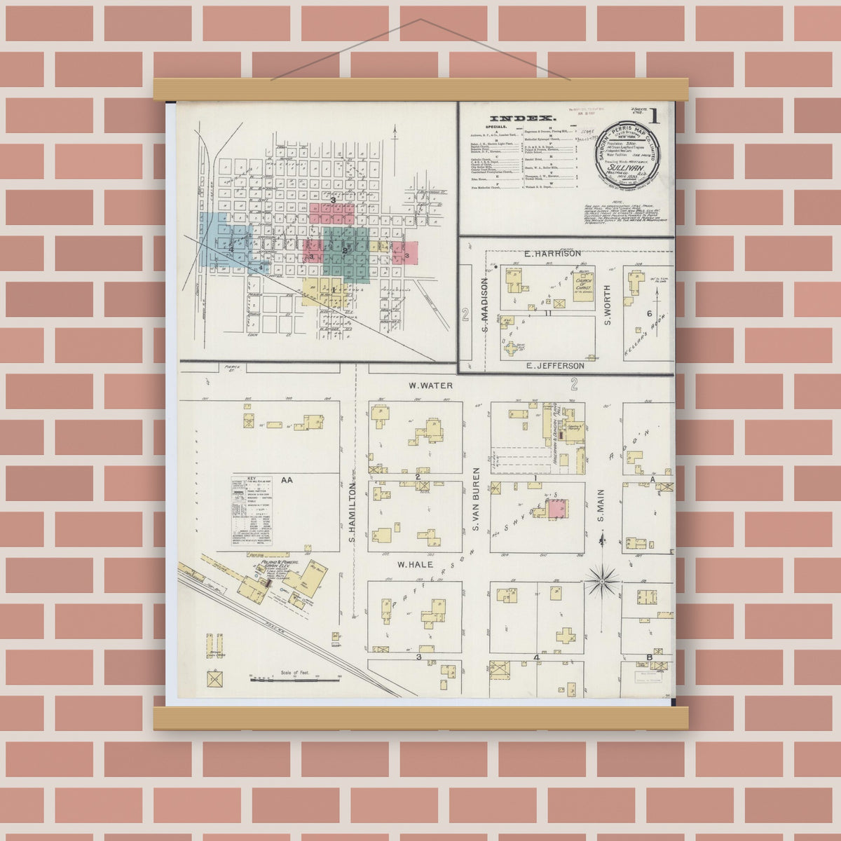 Old map wall art mockup — magnetic wood frame on brick wall — Sanborn Fire Insurance Map from Sullivan, Moultrie County, Illinois (1893), Sheet #0001
