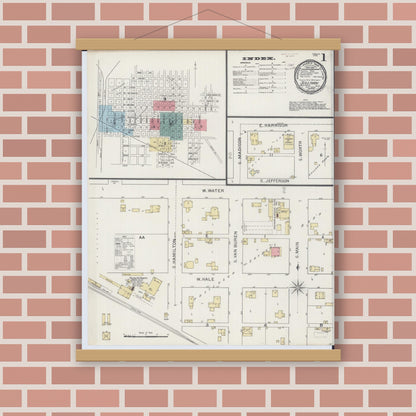 Old map wall art mockup — magnetic wood frame on brick wall — Sanborn Fire Insurance Map from Sullivan, Moultrie County, Illinois (1893), Sheet #0001