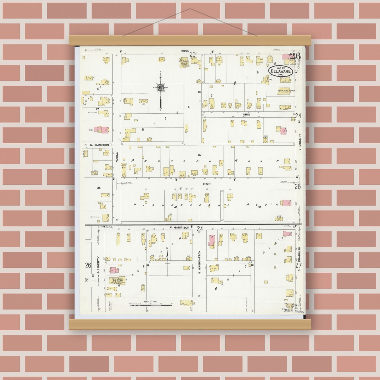 Old map wall art mockup — magnetic wood frame on brick wall — Sanborn Fire Insurance Map from Delaware, Delaware County, Ohio (1911), Sheet #0026