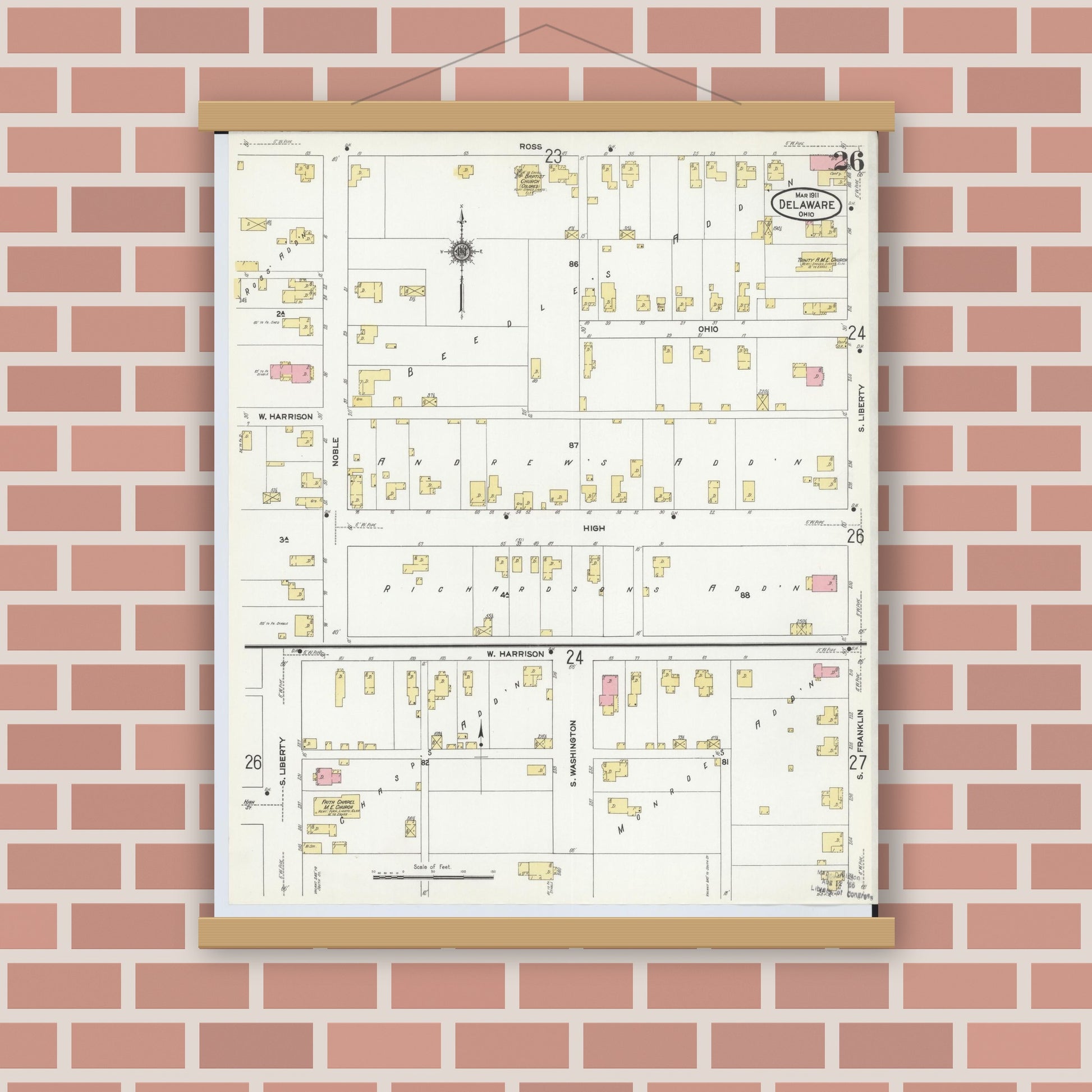 Old map wall art mockup — magnetic wood frame on brick wall — Sanborn Fire Insurance Map from Delaware, Delaware County, Ohio (1911), Sheet #0026
