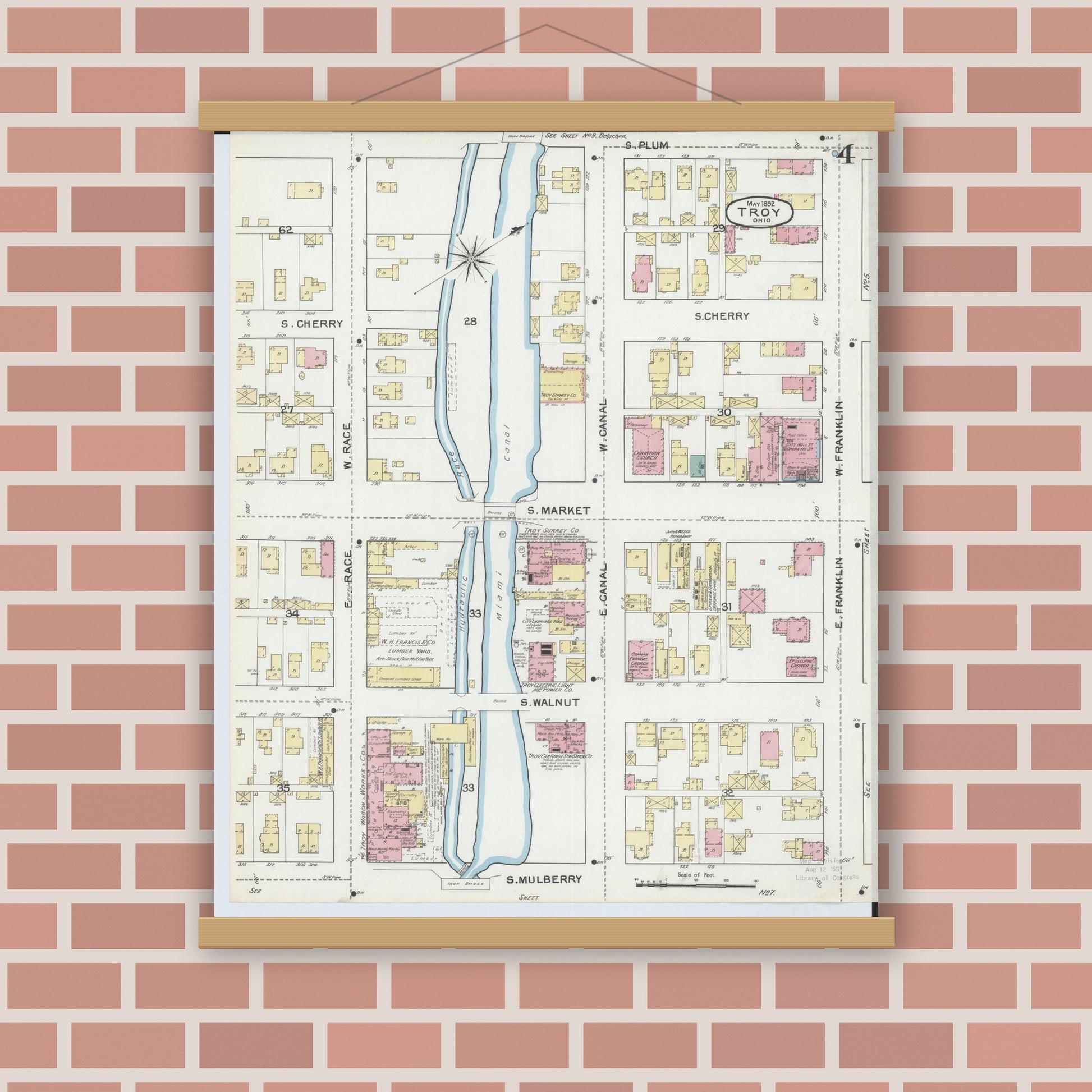 Old map wall art mockup — magnetic wood frame on brick wall — Sanborn Fire Insurance Map from Troy, Miami County, Ohio (1892), Sheet #0004