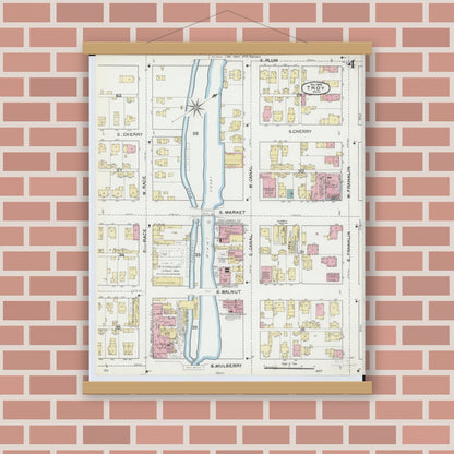 Old map wall art mockup — magnetic wood frame on brick wall — Sanborn Fire Insurance Map from Troy, Miami County, Ohio (1892), Sheet #0004