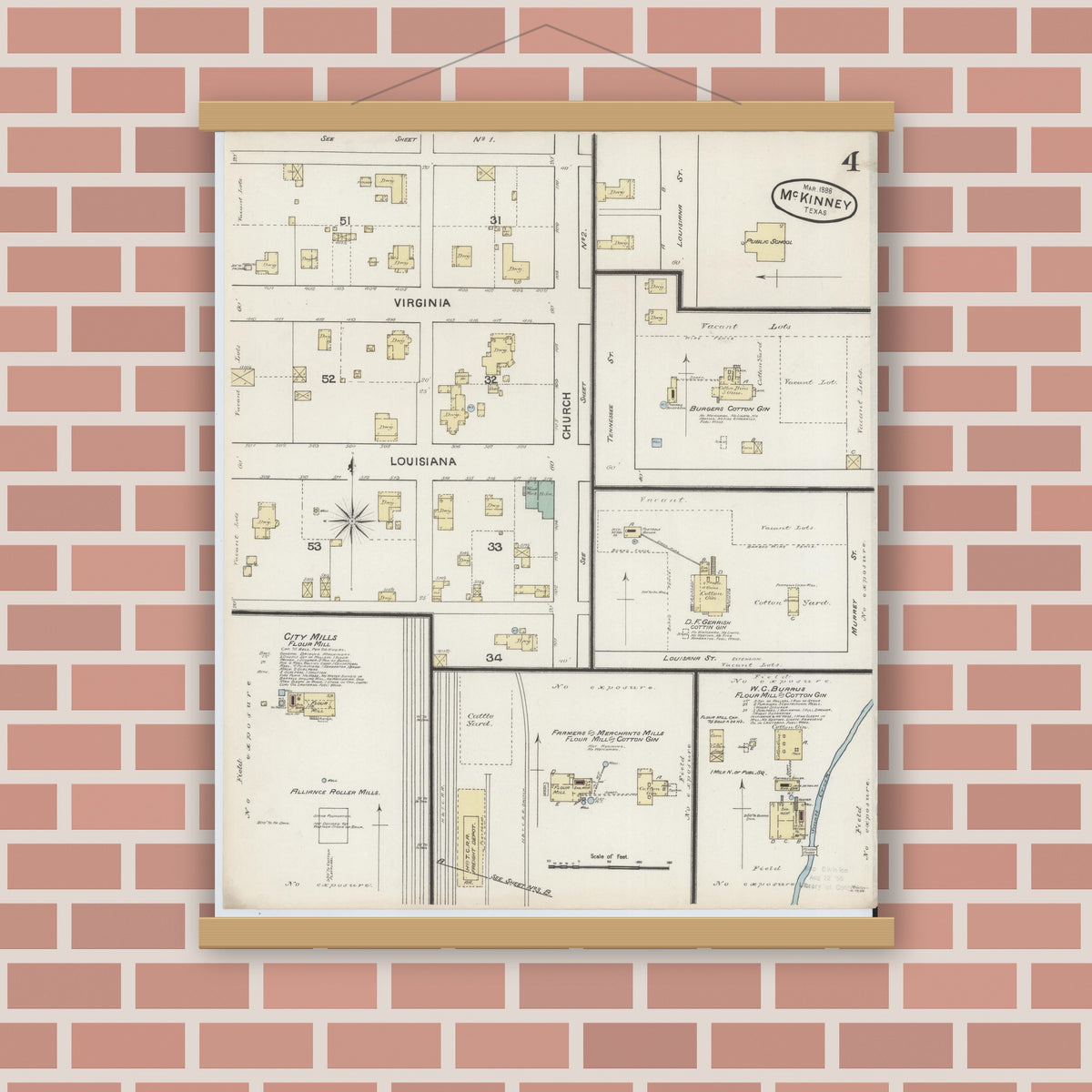 Old map wall art mockup — magnetic wood frame on brick wall — Sanborn Fire Insurance Map from McKinney, Collin County, Texas (1888), Sheet #0004