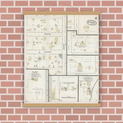Old map wall art mockup — magnetic wood frame on brick wall — Sanborn Fire Insurance Map from McKinney, Collin County, Texas (1888), Sheet #0004