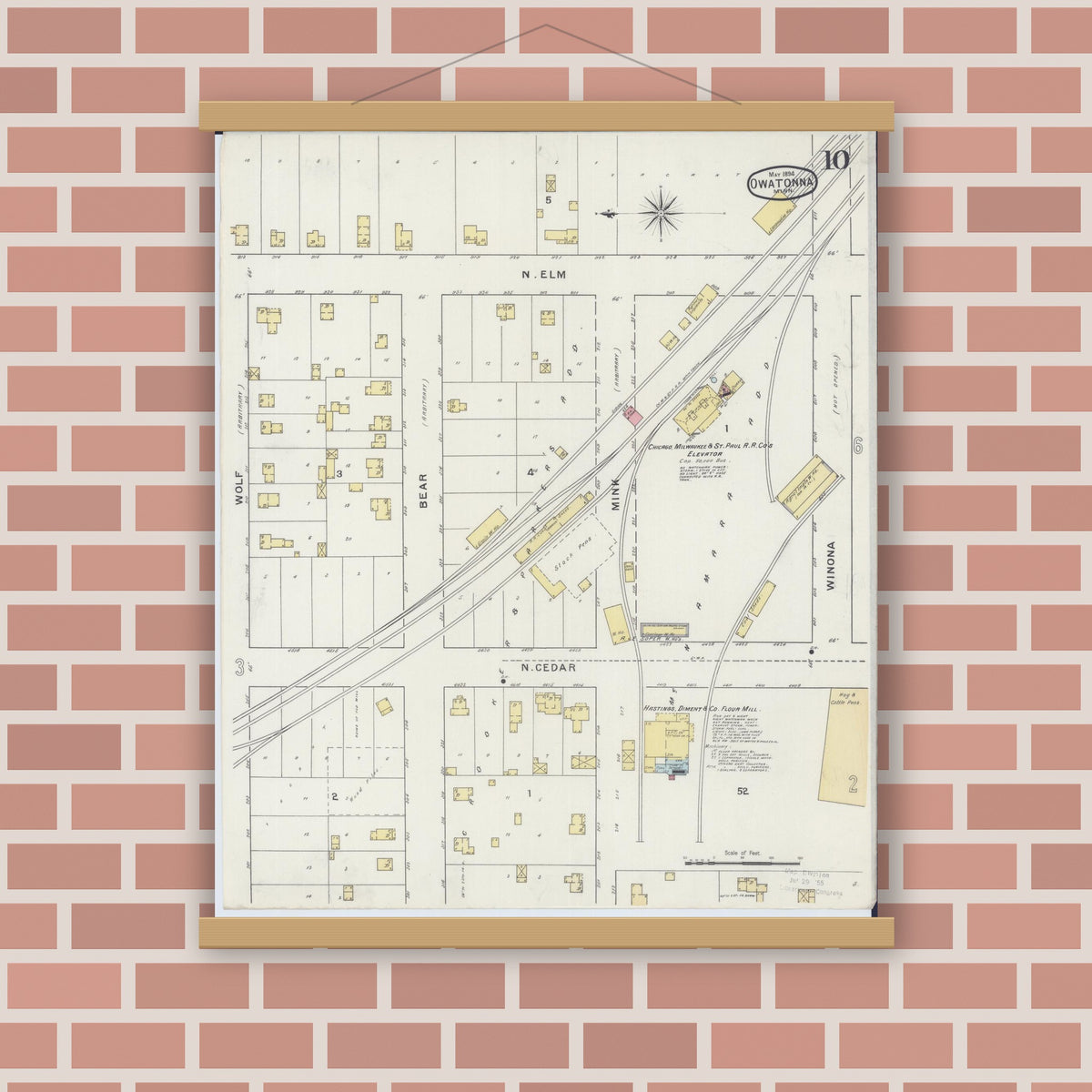 Old map wall art mockup — magnetic wood frame on brick wall — Sanborn Fire Insurance Map from Owatonna, Steele County, Minnesota (1894), Sheet #0010