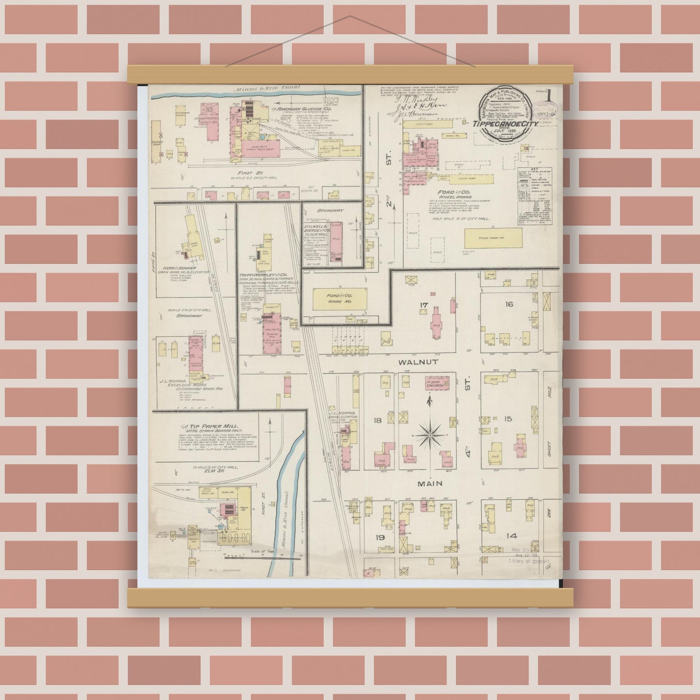 Old map wall art mockup — magnetic wood frame on brick wall — Sanborn Fire Insurance Map from Tipp City, Miami County, Ohio (1885), Sheet #0001