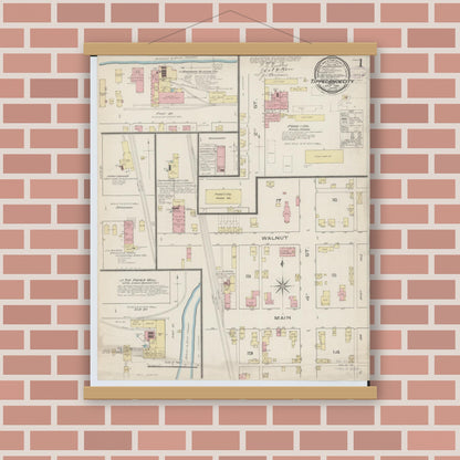 Old map wall art mockup — magnetic wood frame on brick wall — Sanborn Fire Insurance Map from Tipp City, Miami County, Ohio (1885), Sheet #0001