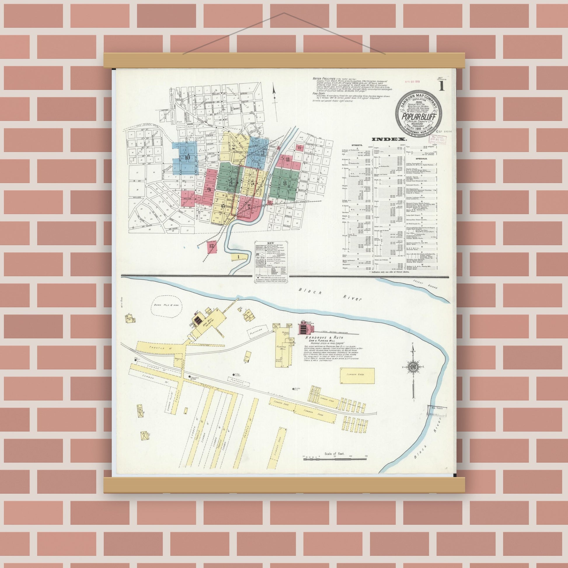 Old map wall art mockup — magnetic wood frame on brick wall — Sanborn Fire Insurance Map from Poplar Bluff, Butler County, Missouri (1910) - Complete Map Set