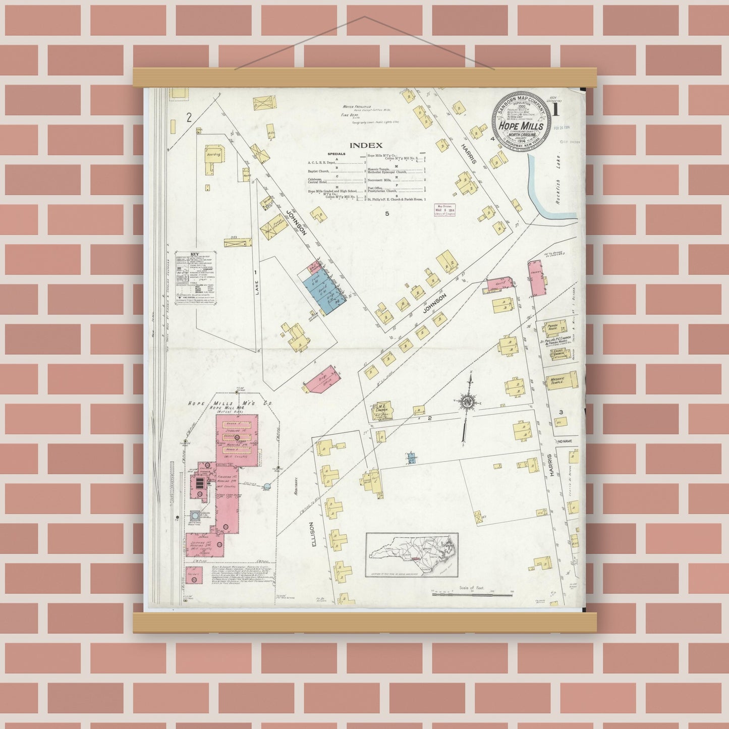 Old map wall art mockup — magnetic wood frame on brick wall — Sanborn Fire Insurance Map from Hope Mills, Cumberland County, North Carolina (1914) - Complete Map Set