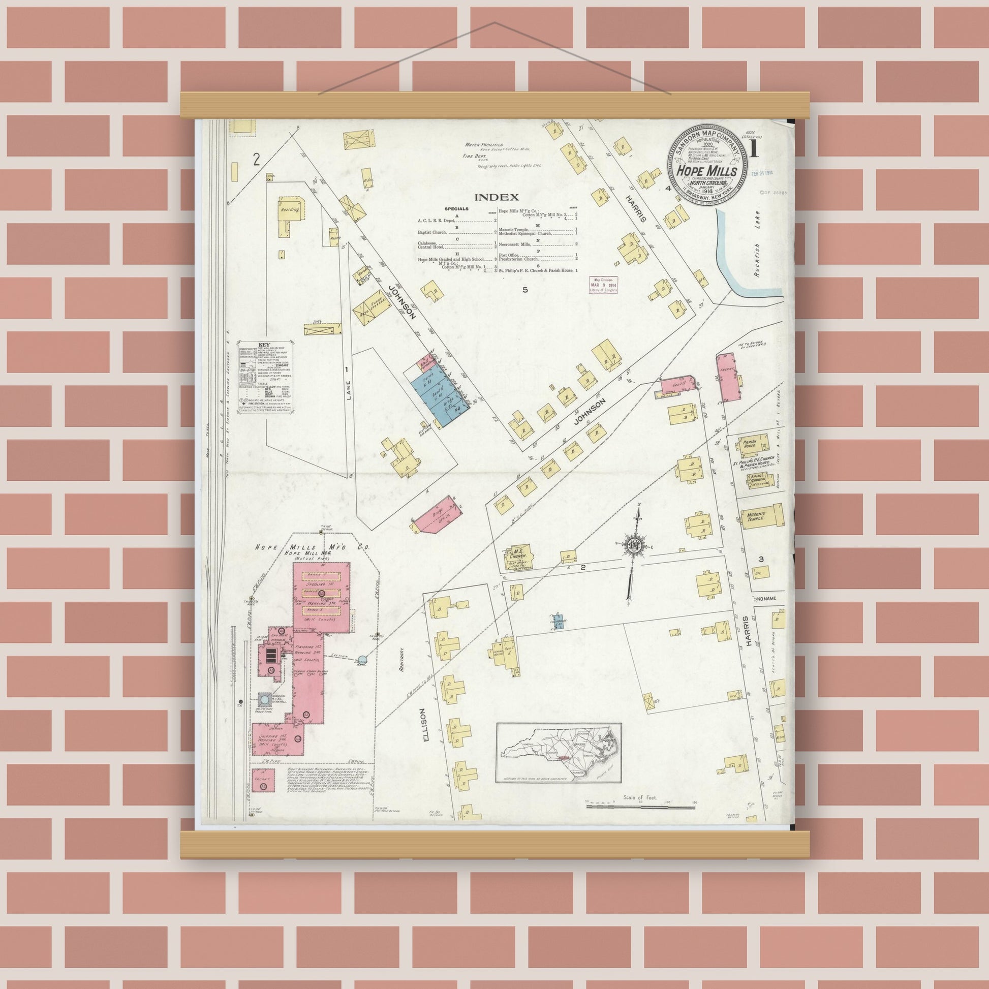 Old map wall art mockup — magnetic wood frame on brick wall — Sanborn Fire Insurance Map from Hope Mills, Cumberland County, North Carolina (1914) - Complete Map Set