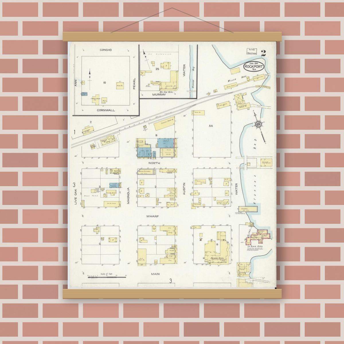 Old map wall art mockup — magnetic wood frame on brick wall — Sanborn Fire Insurance Map from Rockport, Aransas County, Texas (1914), Sheet #0002