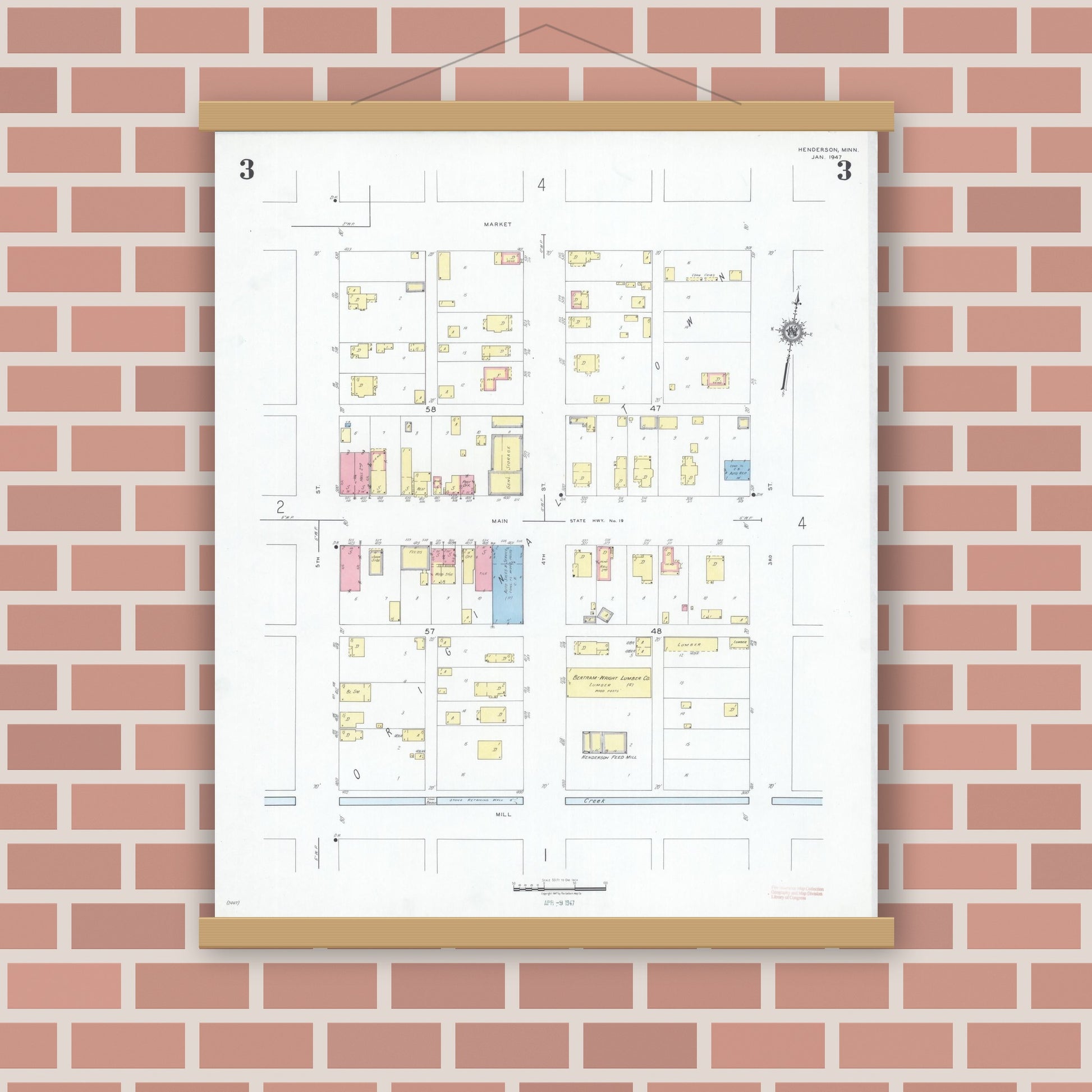 Old map wall art mockup — magnetic wood frame on brick wall — Sanborn Fire Insurance Map from Henderson, Sibley County, Minnesota (1947), Sheet #0003