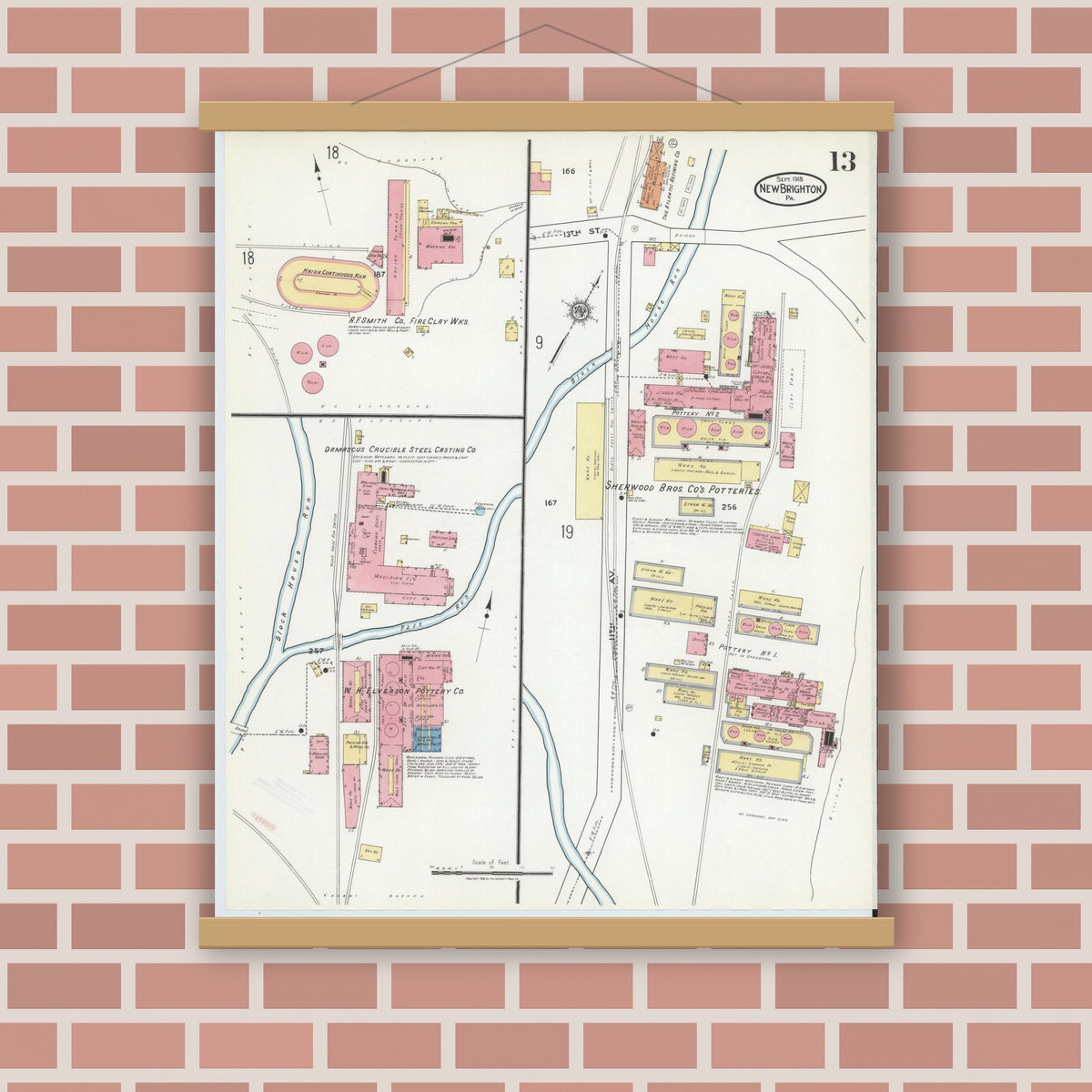 Old map wall art mockup — magnetic wood frame on brick wall — Sanborn Fire Insurance Map from New Brighton, Beaver County, Pennsylvania (1918), Sheet #0013