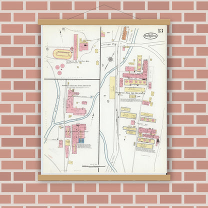 Old map wall art mockup — magnetic wood frame on brick wall — Sanborn Fire Insurance Map from New Brighton, Beaver County, Pennsylvania (1918), Sheet #0013
