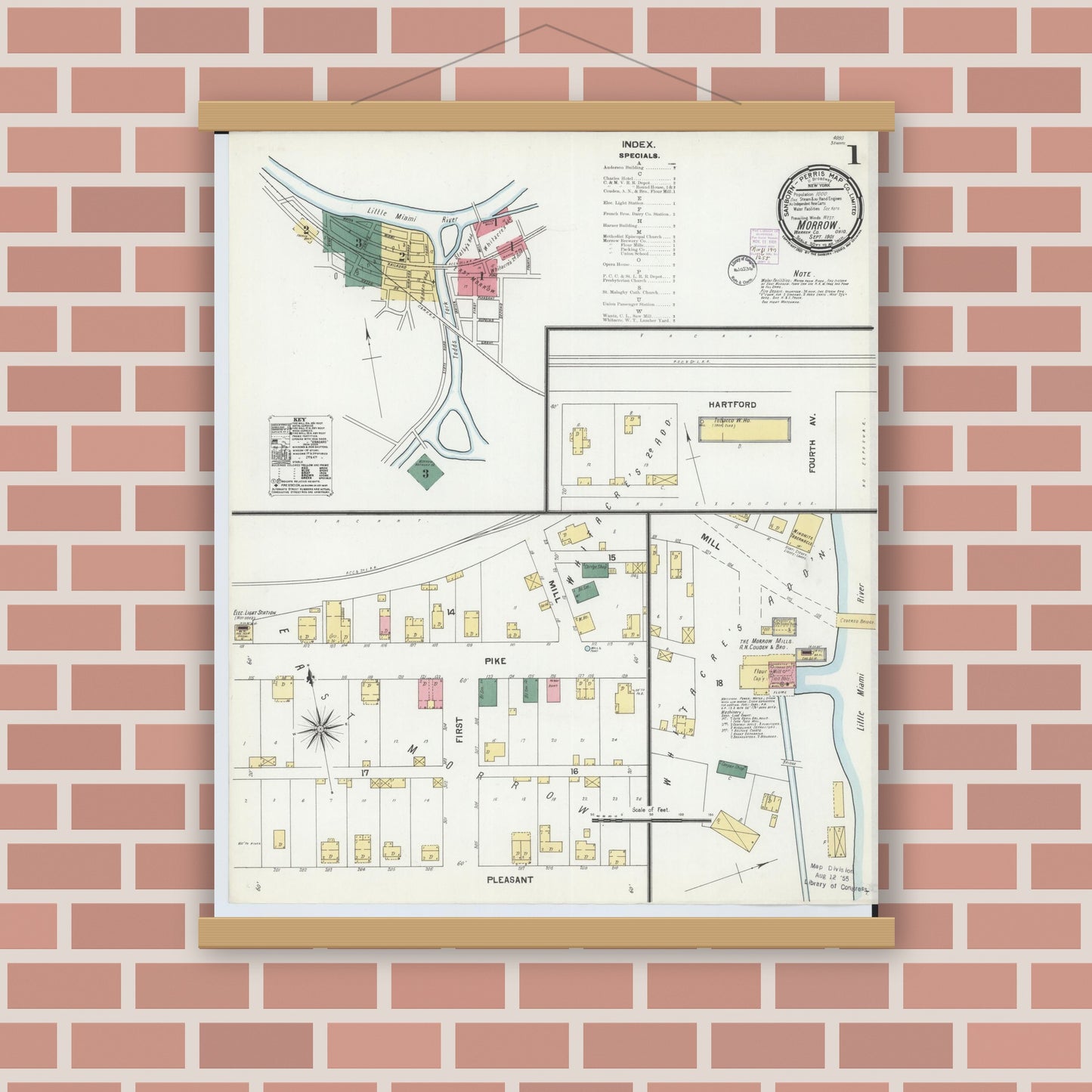 Old map wall art mockup — magnetic wood frame on brick wall — Sanborn Fire Insurance Map from Morrow, Warren County, Ohio (1901) - Complete Map Set