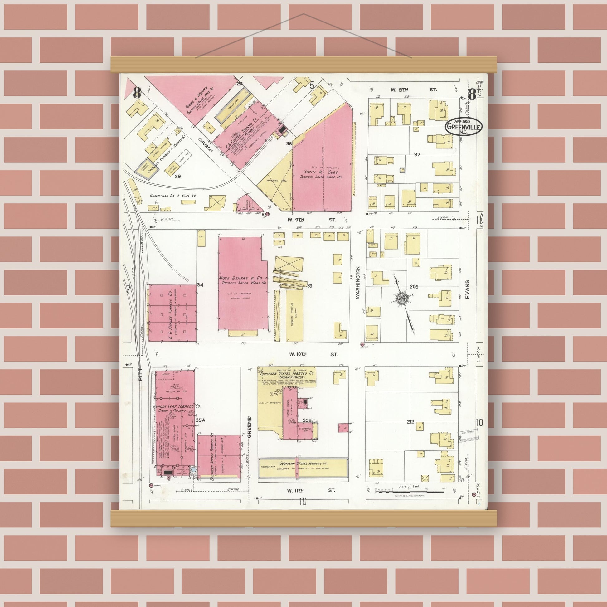 Old map wall art mockup — magnetic wood frame on brick wall — Sanborn Fire Insurance Map from Greenville, Pitt County, North Carolina (1923), Sheet #0008