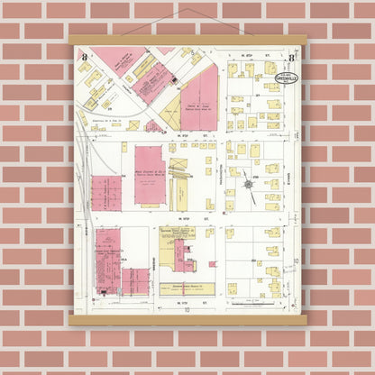 Old map wall art mockup — magnetic wood frame on brick wall — Sanborn Fire Insurance Map from Greenville, Pitt County, North Carolina (1923), Sheet #0008