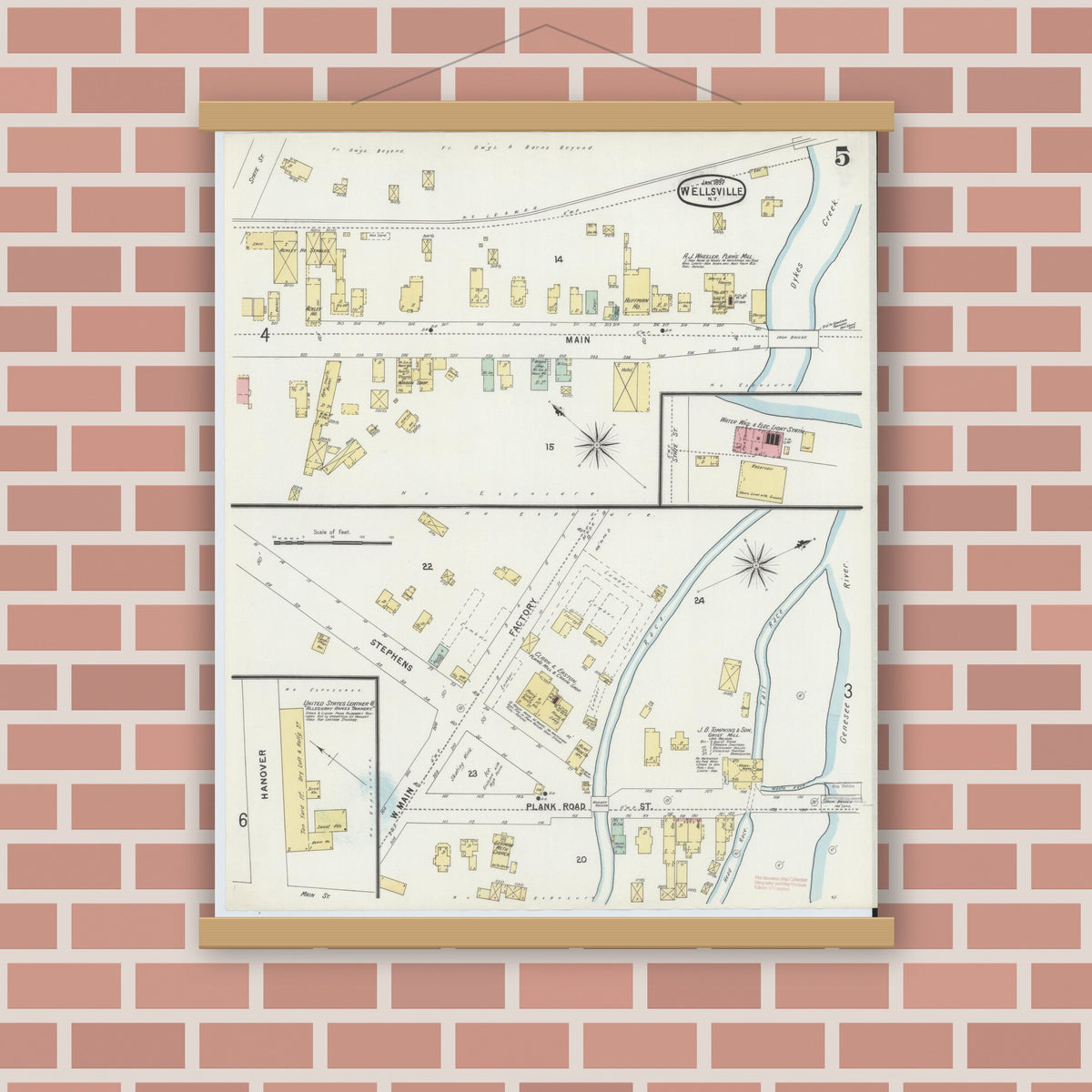 Old map wall art mockup — magnetic wood frame on brick wall — Sanborn Fire Insurance Map from Wellsville, Allegany County, New York (1897), Sheet #0005