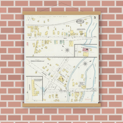 Old map wall art mockup — magnetic wood frame on brick wall — Sanborn Fire Insurance Map from Wellsville, Allegany County, New York (1897), Sheet #0005