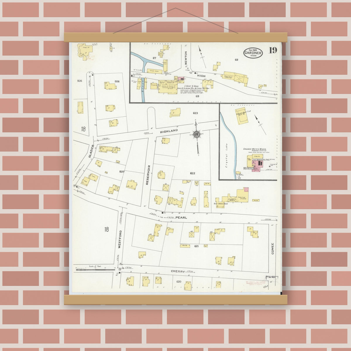 Old map wall art mockup — magnetic wood frame on brick wall — Sanborn Fire Insurance Map from Gardner, Worcester County, Massachusetts (1909), Sheet #0019