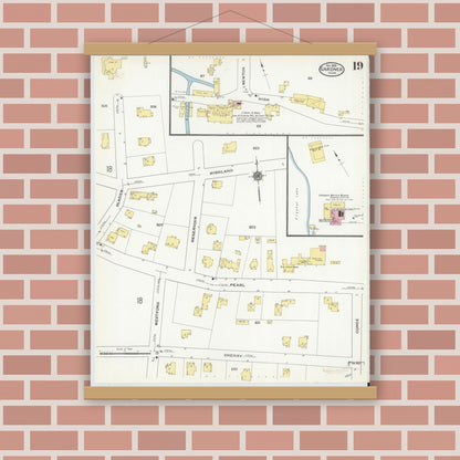 Old map wall art mockup — magnetic wood frame on brick wall — Sanborn Fire Insurance Map from Gardner, Worcester County, Massachusetts (1909), Sheet #0019
