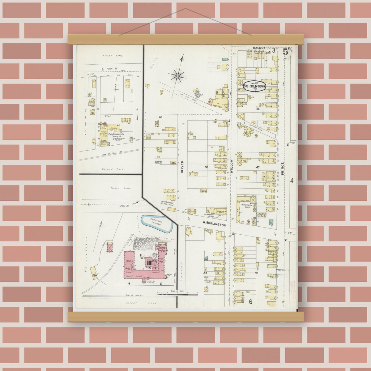 Old map wall art mockup — magnetic wood frame on brick wall — Sanborn Fire Insurance Map from Bordentown, Burlington County, New Jersey (1897), Sheet #0005